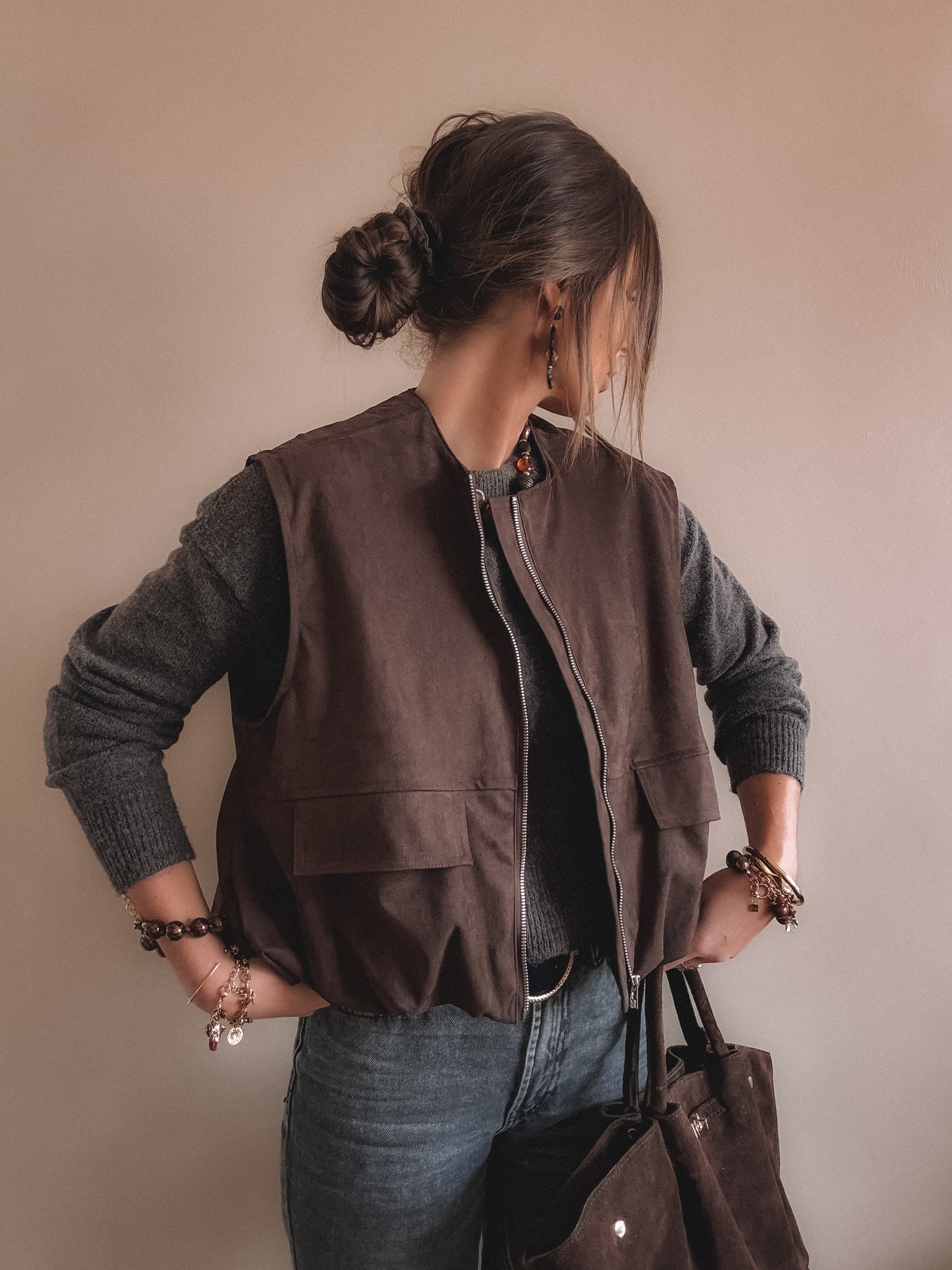 Veste June Suedine sans manches Marron