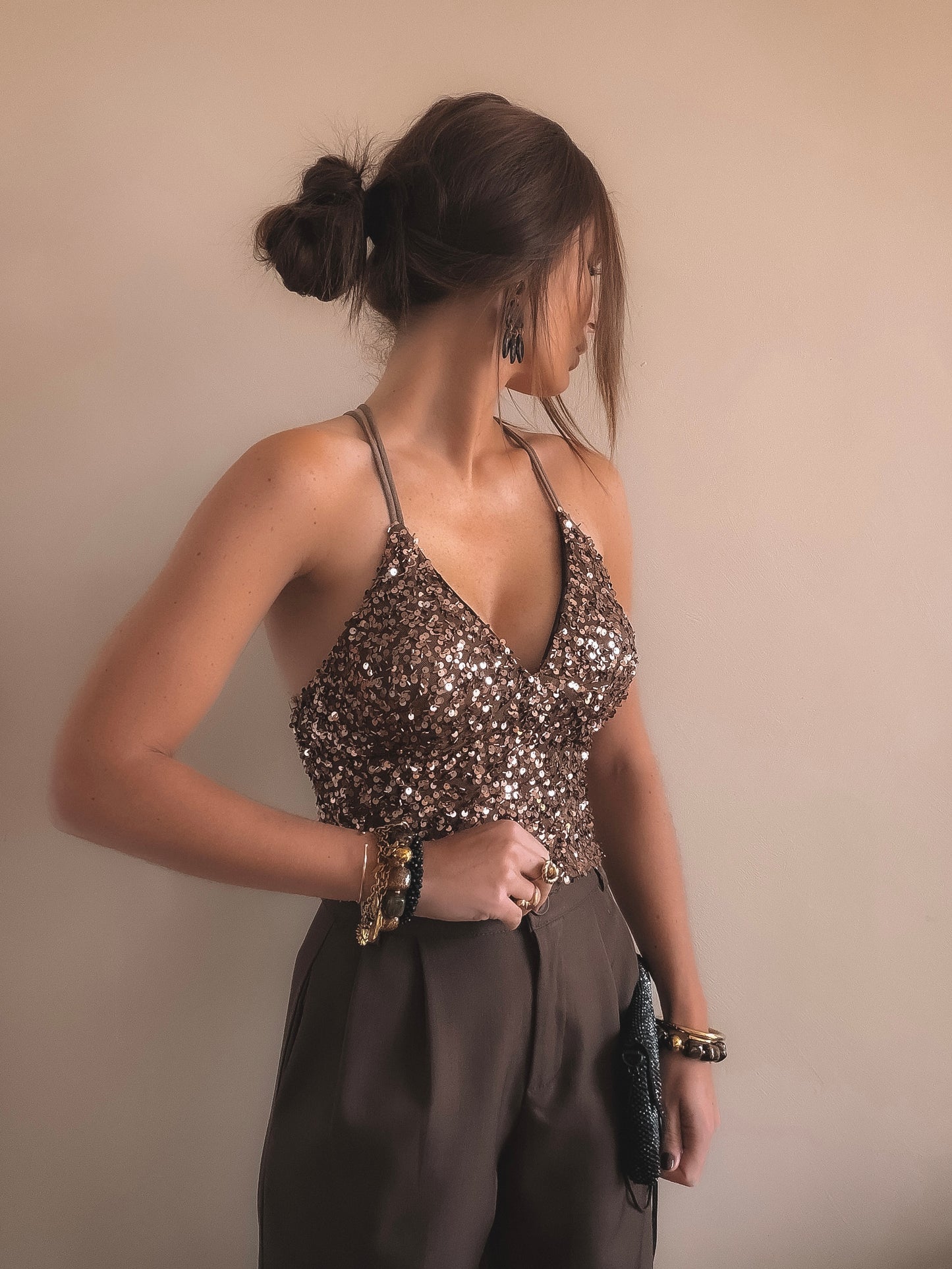 Top Nils Sequins Camel