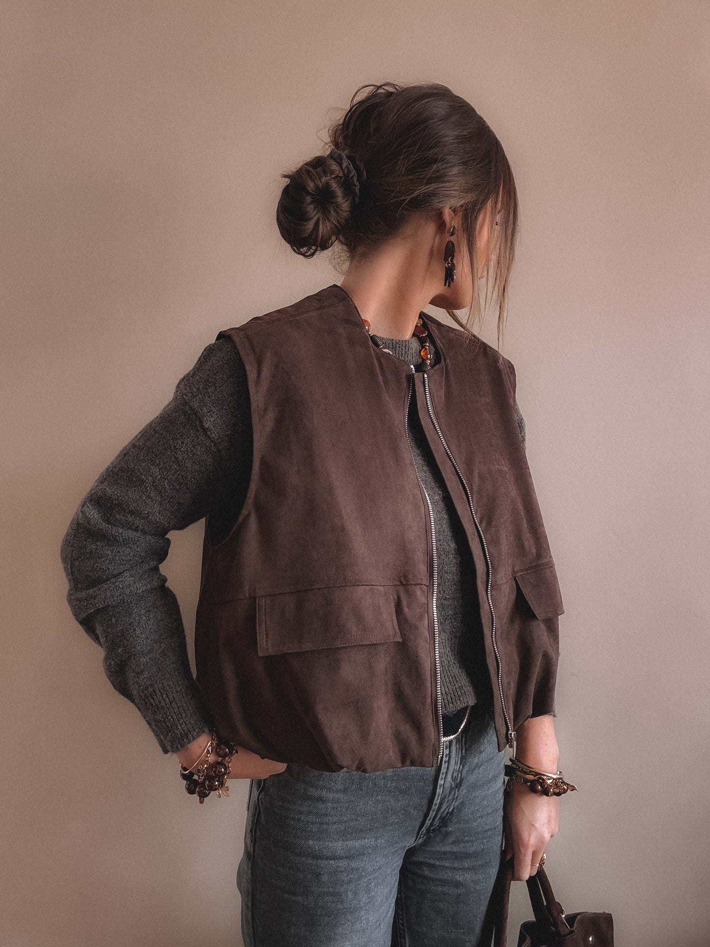 Veste June Suedine sans manches Marron