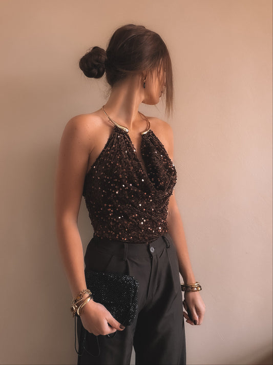 Top Dos Nu Adele Sequins Marron